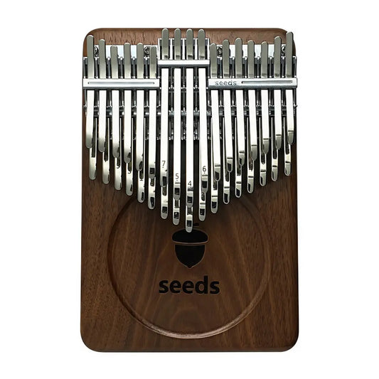 Close-up view of Seeds Chromatic kalimba with 34 keys layout.